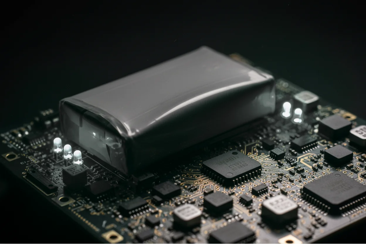 Swollen LiPo battery affecting embedded PCB system with neon green diagnostic lighting